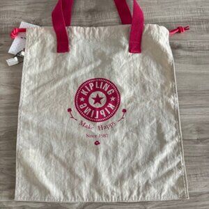 NWT Kipling Pull-String Tote Bag w/Pink Double Strap & Logo